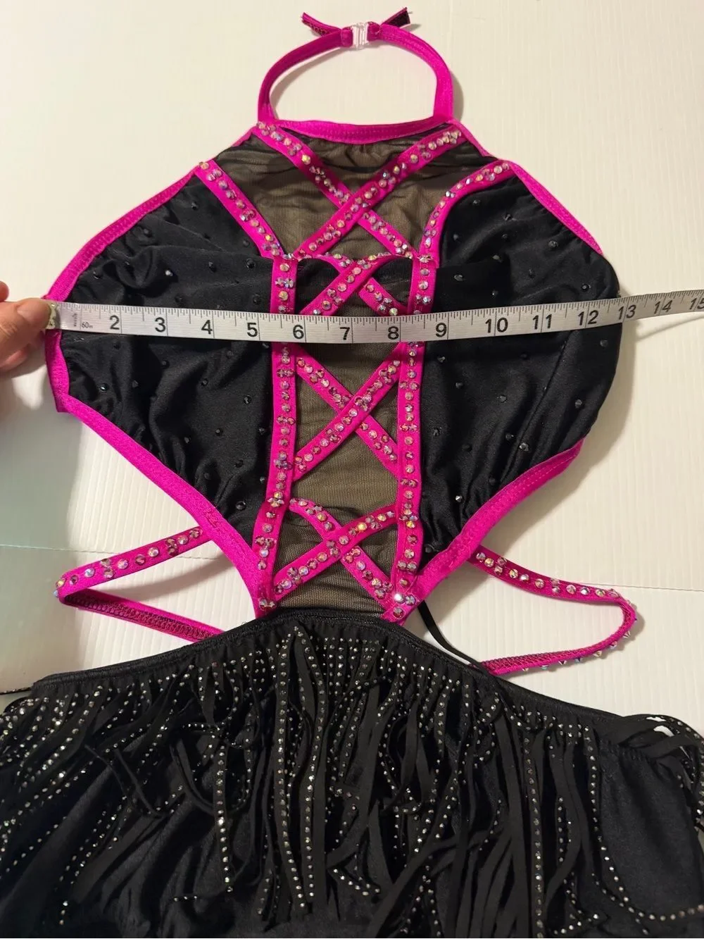 Pumpers jazz dance costume custom solo pink illusion black jazz fringe MA adult
